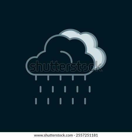 Line Cloud with rain icon isolated on black background. Rain cloud precipitation with rain drops. Flat filled outline style with shadow. Vector