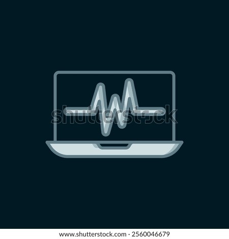 Line Laptop with cardiogram icon isolated on black background. Monitoring icon. ECG monitor with heart beat hand drawn. Flat filled outline style with shadow. Vector