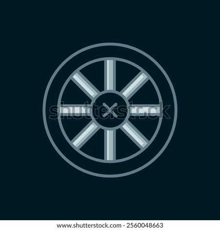 Line Old wooden wheel icon isolated on black background. Flat filled outline style with shadow. Vector