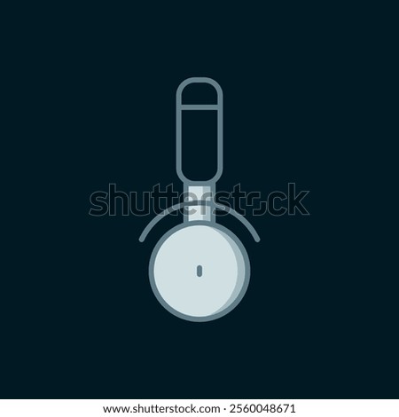 Line Pizza knife icon isolated on black background. Pizza cutter sign. Steel kitchenware equipment. Flat filled outline style with shadow. Vector