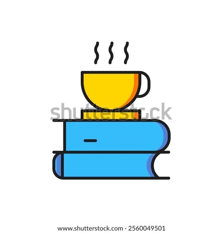 Color Coffee cup and book icon isolated on white background. Tea cup. Hot drink coffee. Flat filled outline style with shadow. Vector