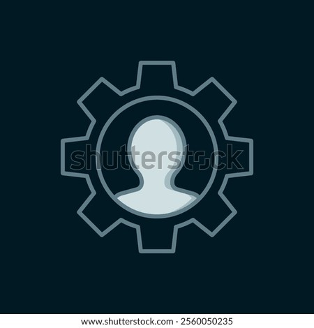 Line Human with gear icon isolated on black background. Artificial intelligence. Thinking brain sign. Symbol work of brain. Flat filled outline style with shadow. Vector