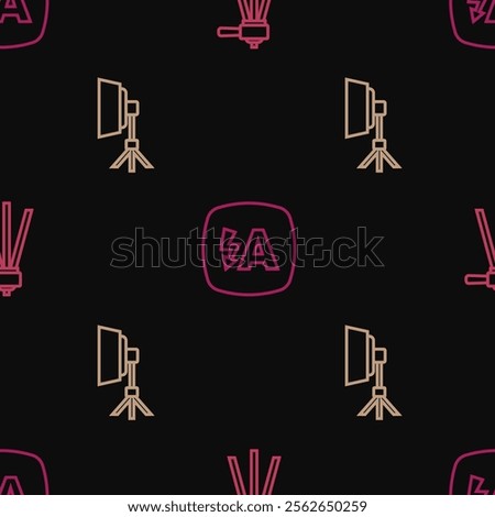 Set line Tripod, Softbox light and Auto flash on seamless pattern. Vector