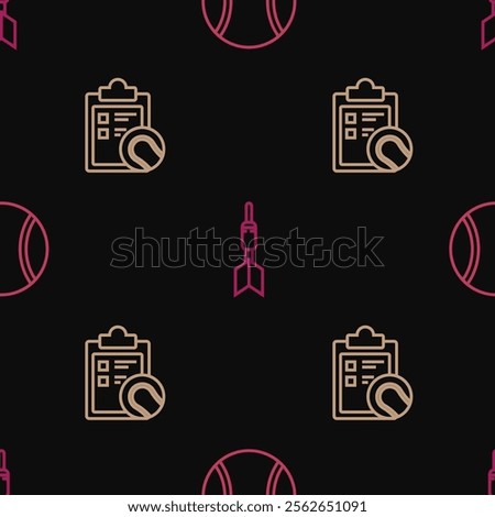 Set line Tennis ball, Checklist clipboard and tennis and Dart arrow on seamless pattern. Vector