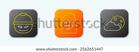 Set line Pumpkin basket for sweets, Funny and scary ghost mask and Moon stars icon. Vector