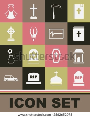 Set Tombstone with RIP written, Old crypt, Holy bible book, Scythe, Lily flower, Grave cross, Angel and Beat dead in monitor icon. Vector