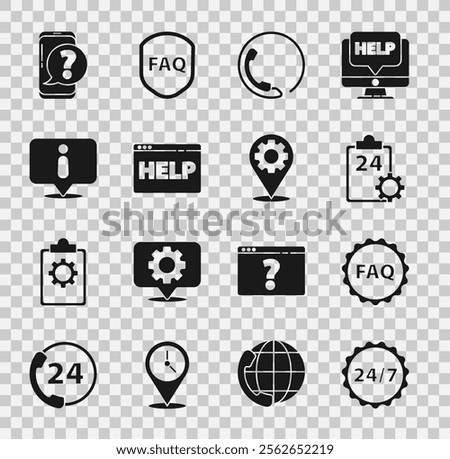 Set Clock 24 hours, Label with text FAQ, Checklist service, Telephone support, Browser help, Information, Mobile question and Location gear icon. Vector