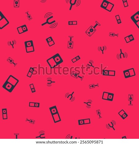 Set Music player, Musical tuning fork,  and Stereo speaker on seamless pattern. Vector