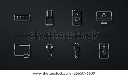 Set line Password protection, Folder and lock, Lock computer monitor, Unlocked key, Old, Mobile with fingerprint scan and Eye icon. Vector