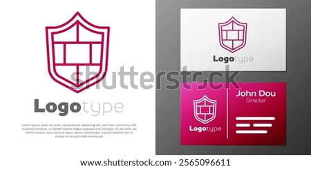 Logotype line Shield with cyber security brick wall icon isolated on white background. Data protection symbol. Firewall. Network protection. Logo design template element. Vector