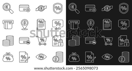 Set line Coin money with dollar, Finance document and lock, Discount percent tag, Financial growth euro coin, Cash location, Credit card, Magnifying glass and  icon. Vector