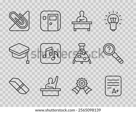 Set line Eraser or rubber, Exam sheet with A plus grade, Schoolboy sitting at desk, Male kid raising hand, Paper clip, Music note, tone, Medal and Unknown search icon. Vector