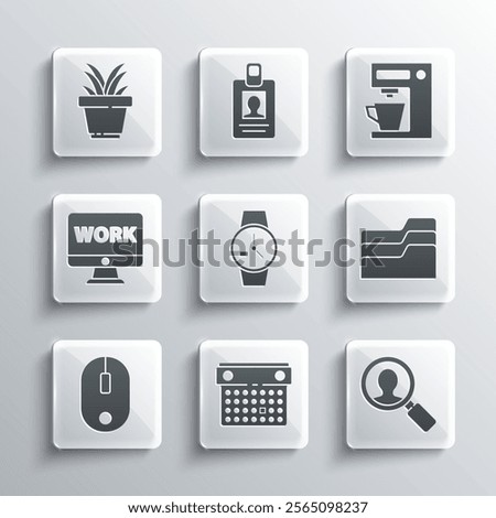 Set Calendar, Magnifying glass for search people, Document folder, Wrist watch, Computer mouse, Monitor with text work, Plant pot and Coffee machine icon. Vector