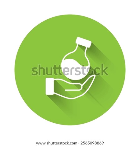 White Test tube and flask chemical laboratory test icon isolated with long shadow background. Laboratory glassware sign. Green circle button. Vector