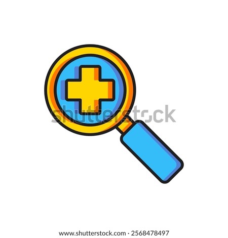 Color Magnifying glass for search medical icon isolated on white background. Hospital search. Flat filled outline style with shadow. Vector