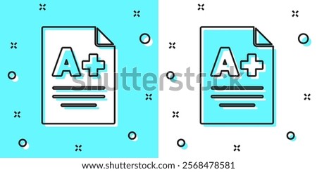 Black line Exam sheet with A plus grade icon isolated on green and white background. Test paper, exam, or survey concept. School test or exam. Random dynamic shapes. Vector