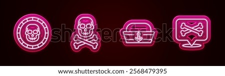 Set line Pirate coin, Skull on crossbones, Sailor hat and Location pirate. Glowing neon icon. Vector