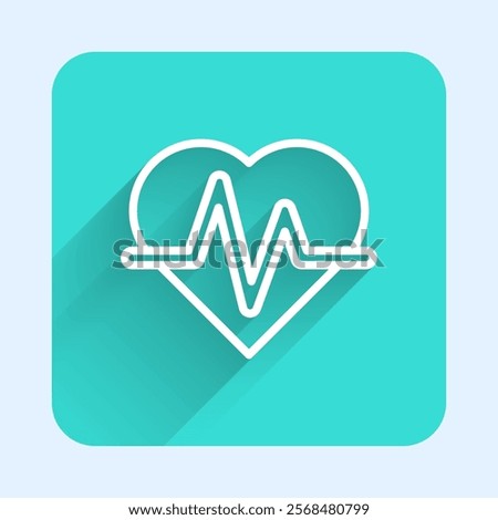 White line Heart rate icon isolated with long shadow. Heartbeat sign. Heart pulse icon. Cardiogram icon. Green square button. Vector