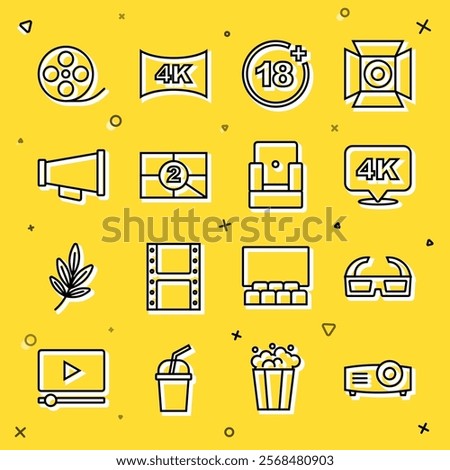 Set line Movie, film, media projector, 3D cinema glasses, 4k Ultra HD, Plus 18 movie, Old countdown frame, Megaphone, Film reel and Cinema chair icon. Vector