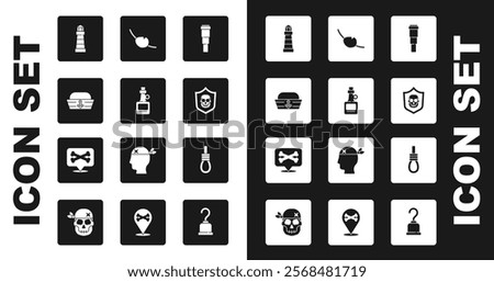 Set Spyglass telescope lens, Alcohol drink Rum, Sailor hat, Lighthouse, Shield with pirate skull, Pirate eye patch, Gallows rope loop hanging and Location icon. Vector