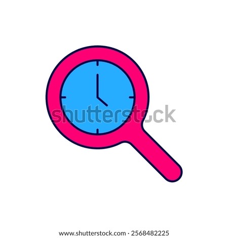 Filled outline Magnifying glass with clock icon isolated on white background. Clock search.  Vector