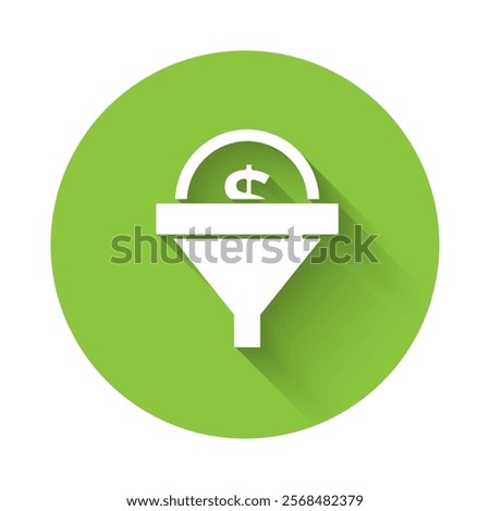 White Lead management icon isolated with long shadow. Funnel with money. Target client business concept. Green circle button. Vector