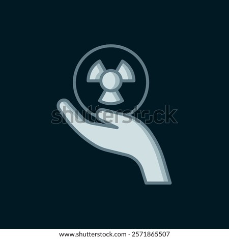 Line Radioactive in hand icon isolated on black background. Radioactive toxic symbol. Radiation Hazard sign. Flat filled outline style with shadow. Vector