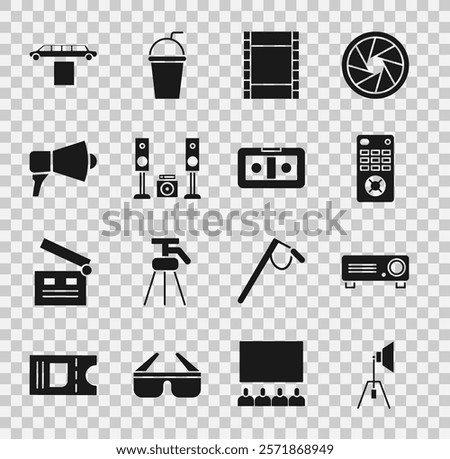 Set Movie spotlight, Movie, film, media projector, Remote control, Play Video, Home stereo with two speakers, Megaphone, Limousine car and carpet and VHS video cassette tape icon. Vector