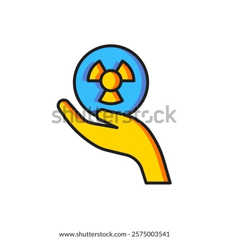 Color Radioactive in hand icon isolated on white background. Radioactive toxic symbol. Radiation Hazard sign. Flat filled outline style with shadow. Vector