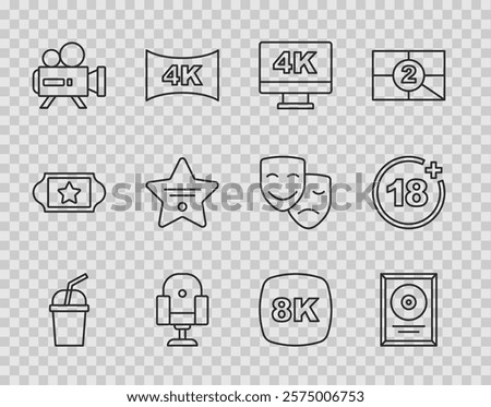 Set line Paper glass with water, CD disk award in frame, Screen tv 4k, Director movie chair, Retro cinema camera, Walk of fame star, 8k Ultra HD and Plus 18 icon. Vector