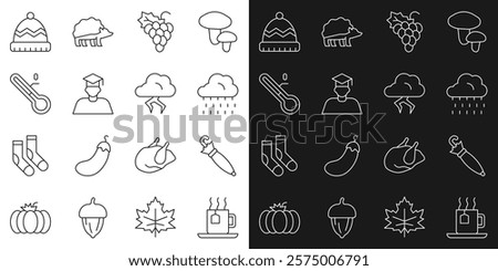 Set line Cup of tea with tea bag, Umbrella, Cloud rain, Grape fruit, Graduate and graduation cap, Meteorology thermometer, Winter hat and Storm icon. Vector