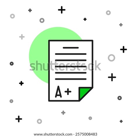 Filled outline Exam sheet with A plus grade icon isolated on white background. Test paper, exam, or survey concept. School test or exam.  Vector