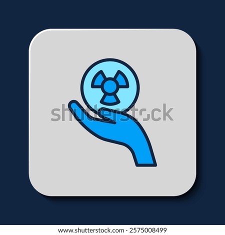 Filled outline Radioactive in hand icon isolated on blue background. Radioactive toxic symbol. Radiation Hazard sign.  Vector