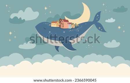 Children graphic illustration for nursery wall. Wallpaper design for kids room interior. Vector illustration with fantasy magic city on the back of whale flying in the sky
