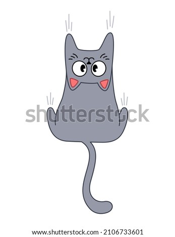A cute fluffy cat slides down the wall. Cartoon gray cat playing and fooling around. A pet messes with the furniture. Happy pet. Vector illustration isolated on white background.