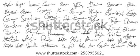 Set vector handwritten signature. Fake autograph in different handwriting.