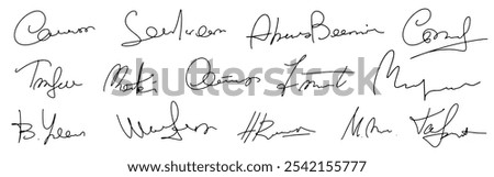 Set vector handwritten signature. Fake autograph in different handwriting. Each signature is unique and reflects the artist's style.