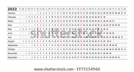 Calendar linear for 2022 year. Vector. Yearly calender planner. Schedule template with months. Week starts Sunday. Horizontal, landscape orientation, english. Agenda organizer. Simple illustration. Stockfoto © 