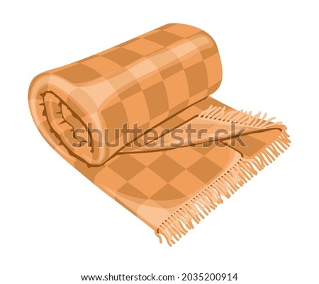 Woolen checkered plaid with fringe or warm rolled tartan blanket isolated on white background. Home decoration in Hygge style, decorative design element. vector illustration. Stockfoto © 