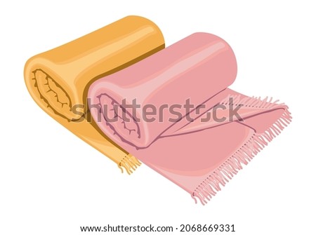 Two fringed woolen blankets. Plaid or warm rolled blanket on a white background. decorative design element. Flat cartoon colorful vector illustration. Stockfoto © 