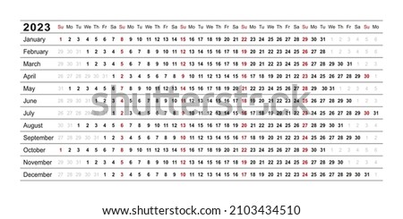 Calendar linear for 2023 year. Yearly calender planner. Schedule template with months. Week starts Sunday. Horizontal, landscape orientation, english. Agenda organizer. Vector illustration. Сток-фото © 