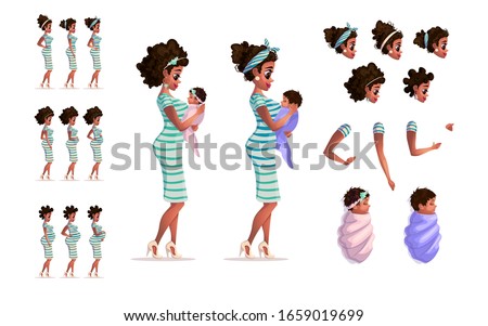 African american pregnant women and baby set animated. Female cartoon style character Beautiful black woman Vector set isolated on white background Stylish African American portrait for concept design