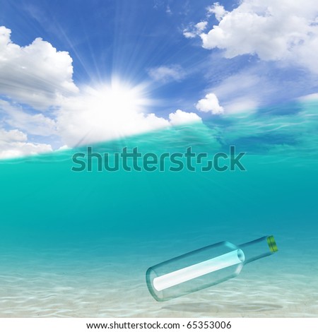 sky and sea with paper in the bottle