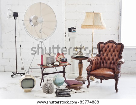 retro furniture and decoration in white room