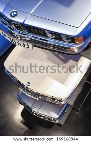 Munich, Germany- june 17, 2012: Row of BMW\'s models 520, 633 and other on Stand in BMW Museum in June 17, 2012, Munich, Republic of Germany
