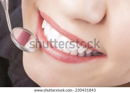 Dental Treatment with Mouth Mirror of Young Caucasian Female During Her Oral Examination. Horizontal Image