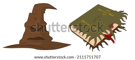 The Magical sorting hat and the Monster Book vector illustration isolated on the white background