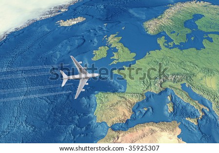 White Civil Airplane over the Atlantic ocean flying to Europe