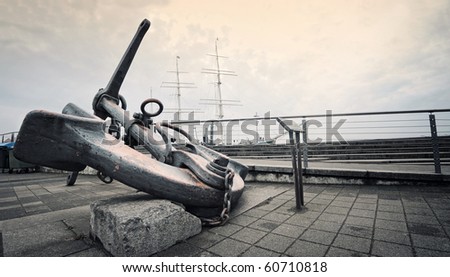 Panoramic view of an Anchor monument on Hamburg Harbor and sail ship