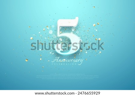 Unique vector number 5th with bluish white numbers. With a background filled with shiny gold glitter. Premium vector design for greetings, party invitations and social media posts.